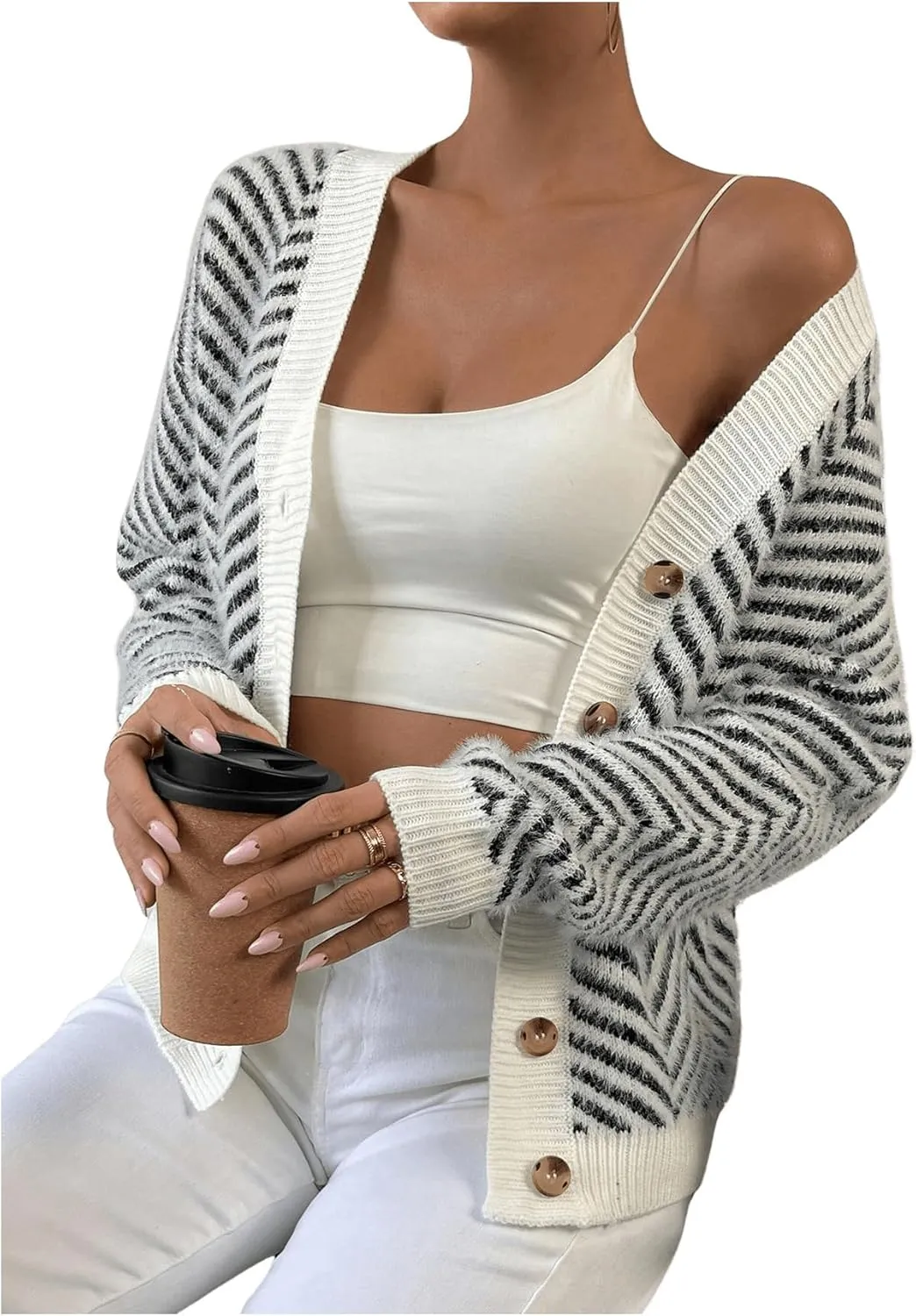 SHENHE Women's Striped Button Up Cardigan V Neck Drop Shoulder Casual Cardigan