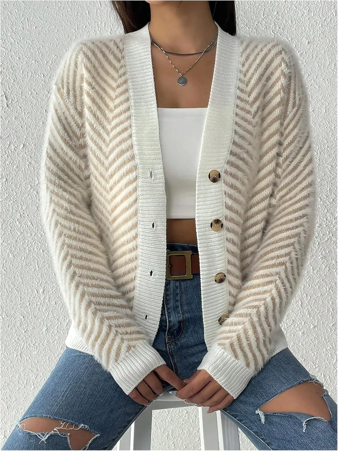 SHENHE Women's Striped Button Up Cardigan V Neck Drop Shoulder Casual Cardigan