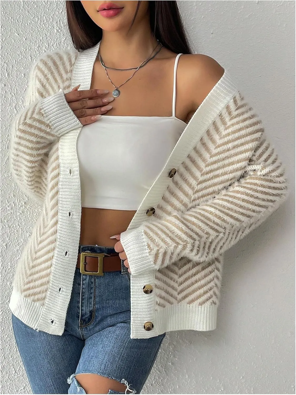 SHENHE Women's Striped Button Up Cardigan V Neck Drop Shoulder Casual Cardigan