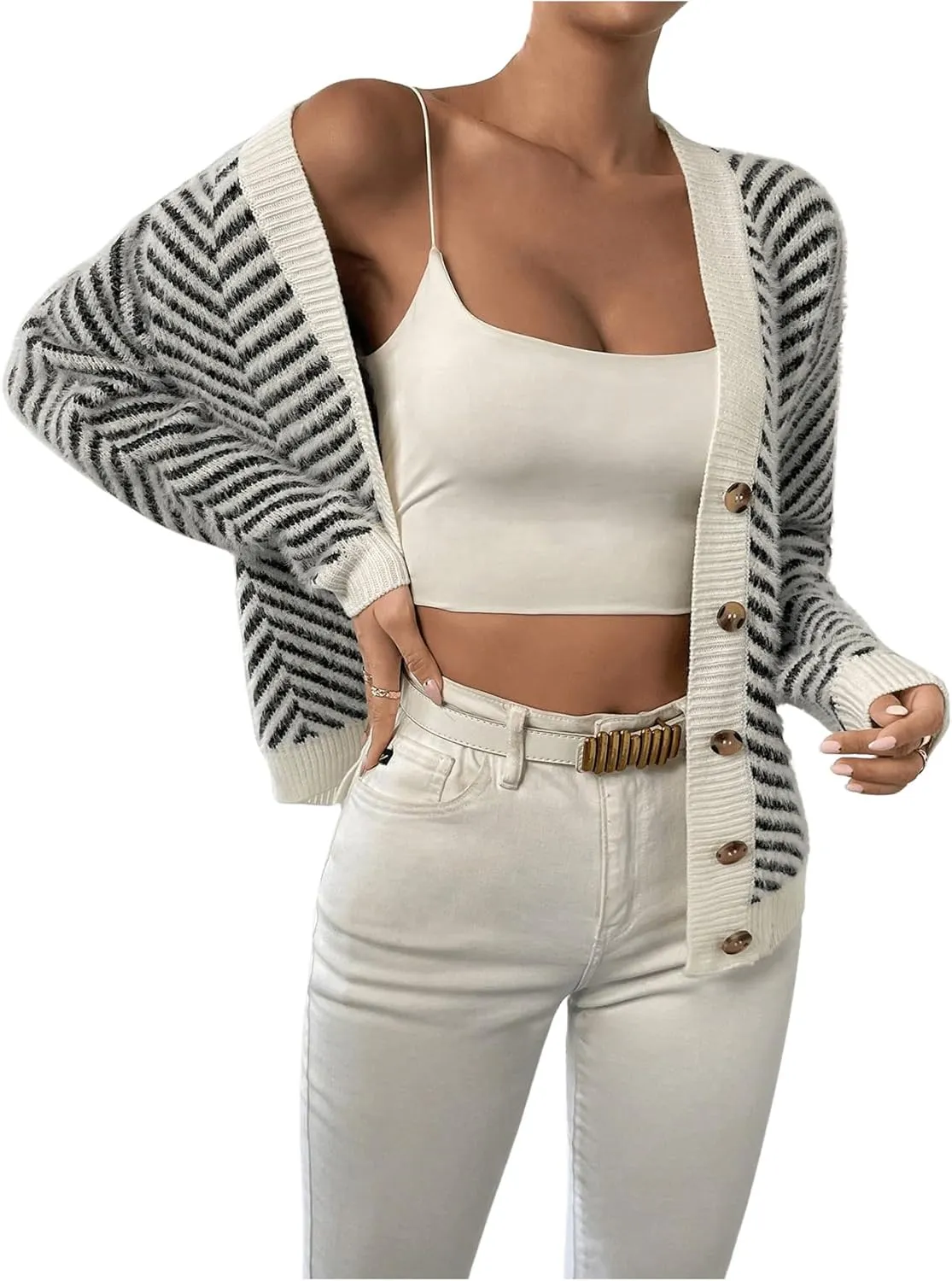 SHENHE Women's Striped Button Up Cardigan V Neck Drop Shoulder Casual Cardigan