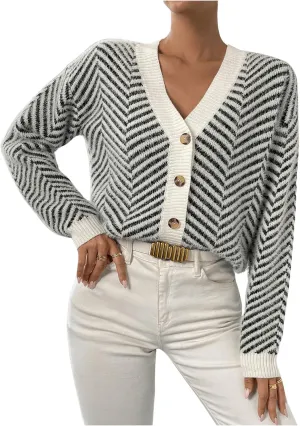 SHENHE Women's Striped Button Up Cardigan V Neck Drop Shoulder Casual Cardigan