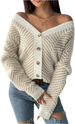 SHENHE Women's Striped Button Up Cardigan V Neck Drop Shoulder Casual Cardigan