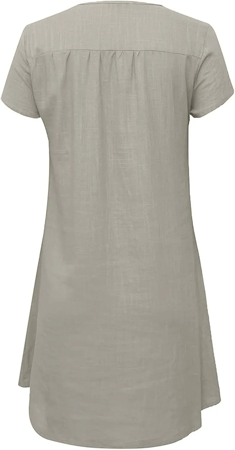 Shirt Dresses for Women Cap Sleeved Vintage Cotton Linen Long Dress Loose Fit Crewneck Casual Summer Dress Pockets