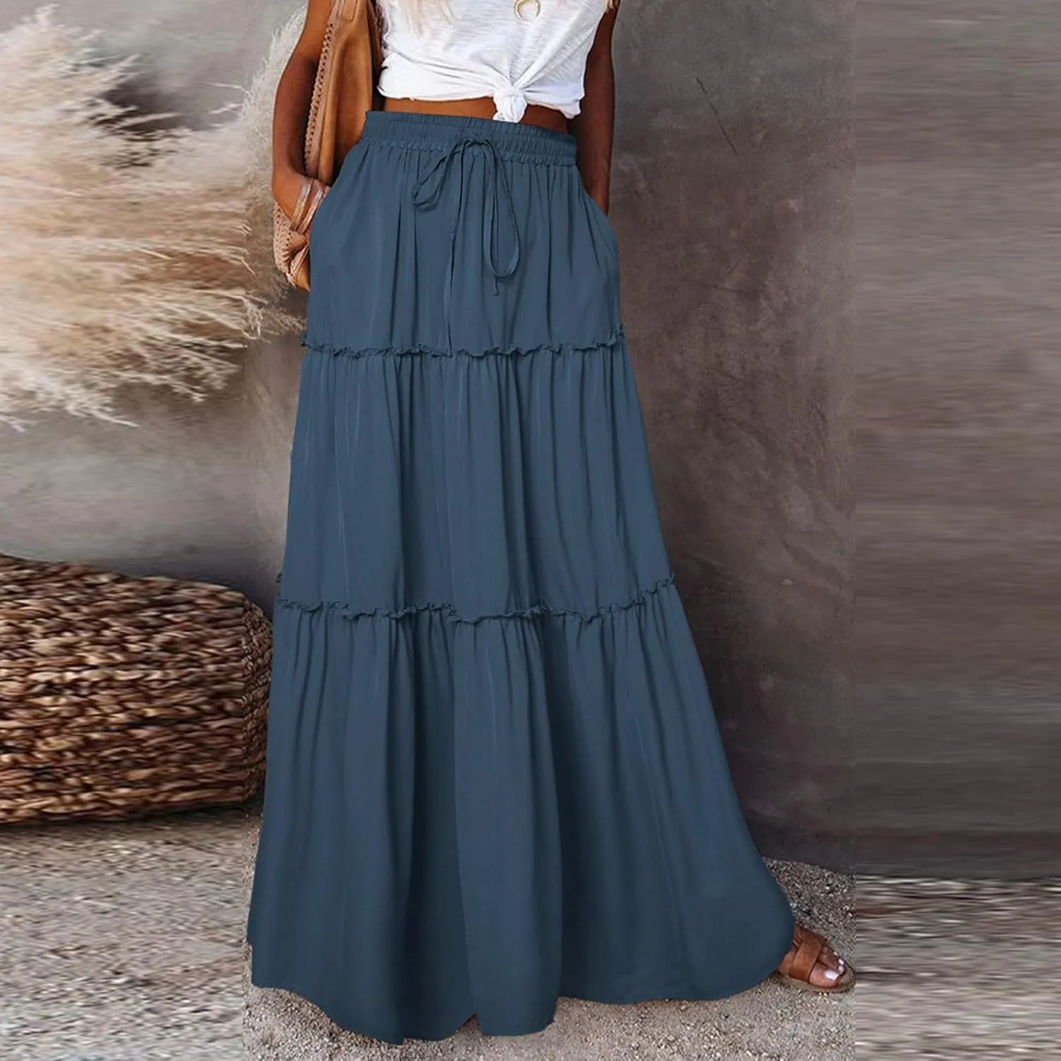 Skirts for Women,Womens Boho Maxi Skirt with Pockets Linen Flowy Long Skirts 2025 Elastic High Waisted Trendy