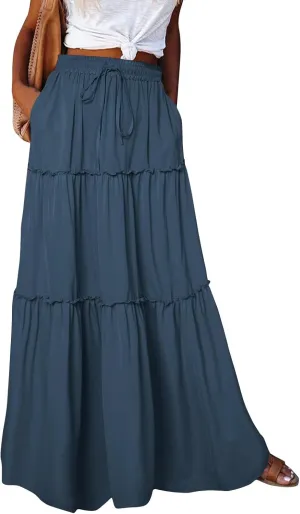 Skirts for Women,Womens Boho Maxi Skirt with Pockets Linen Flowy Long Skirts 2025 Elastic High Waisted Trendy
