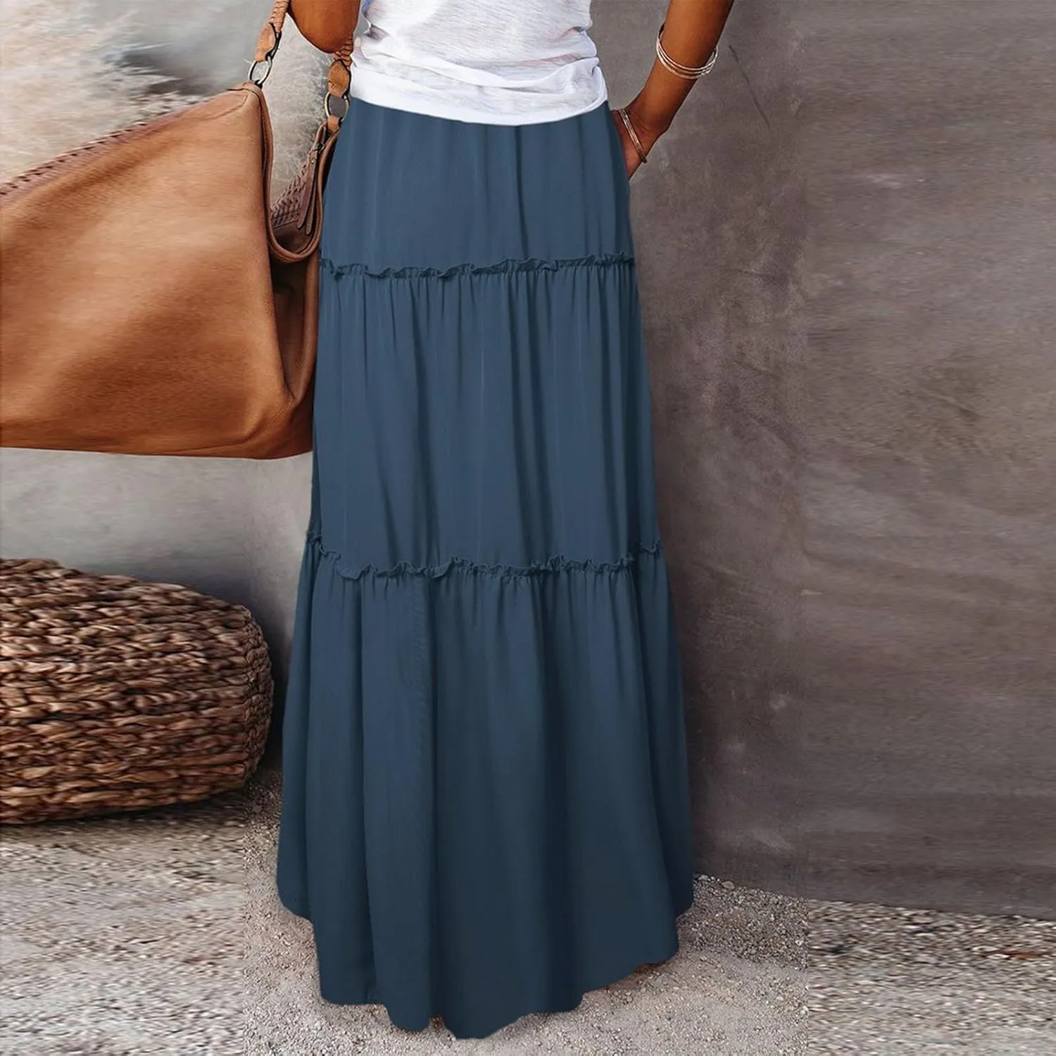 Skirts for Women,Womens Boho Maxi Skirt with Pockets Linen Flowy Long Skirts 2025 Elastic High Waisted Trendy