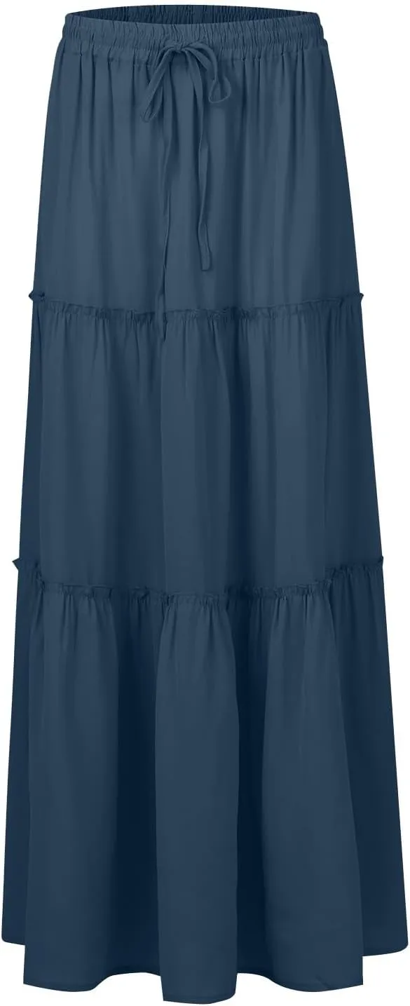 Skirts for Women,Womens Boho Maxi Skirt with Pockets Linen Flowy Long Skirts 2025 Elastic High Waisted Trendy