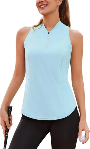 Sleeveless Golf Shirt Racerback Polo Shirts for Women Quarter Zip Quick Dry UPF 50  Tennis Tank Tops with Pocket
