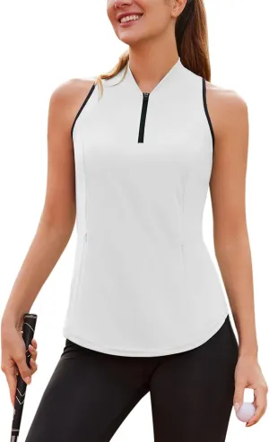 Sleeveless Golf Shirt Racerback Polo Shirts for Women Quarter Zip Quick Dry UPF 50  Tennis Tank Tops with Pocket