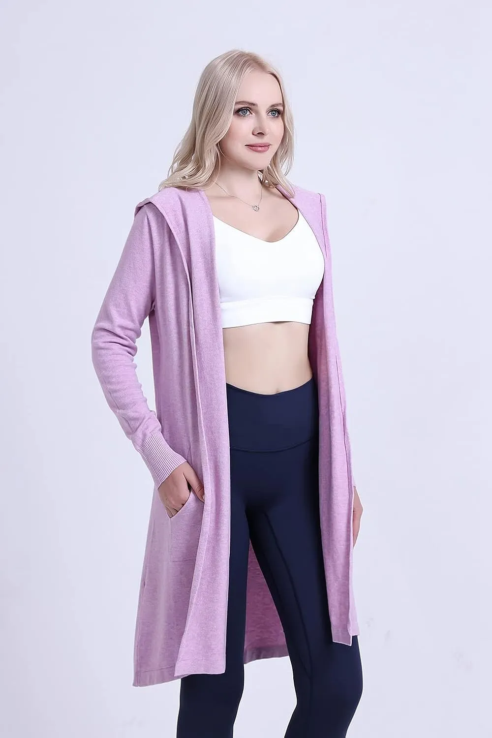 SMILING PINKER Women Long Hooded Cardigan Casual Light Weight Open Front Sweater with Pockets