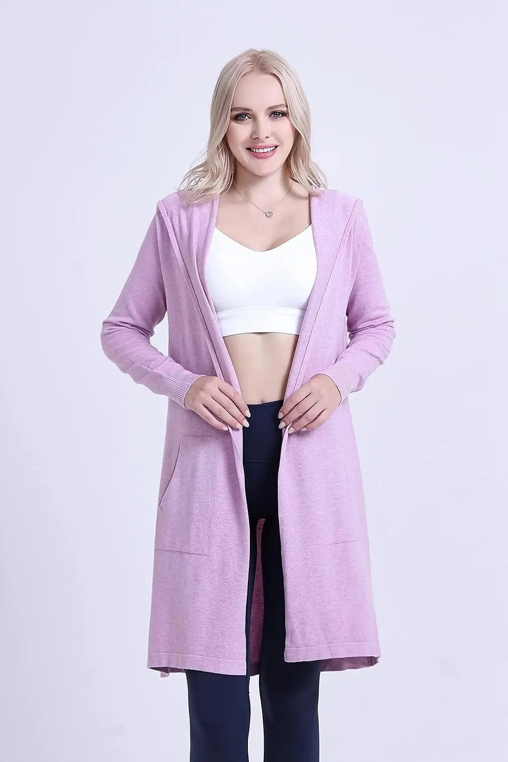 SMILING PINKER Women Long Hooded Cardigan Casual Light Weight Open Front Sweater with Pockets