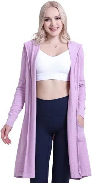 SMILING PINKER Women Long Hooded Cardigan Casual Light Weight Open Front Sweater with Pockets