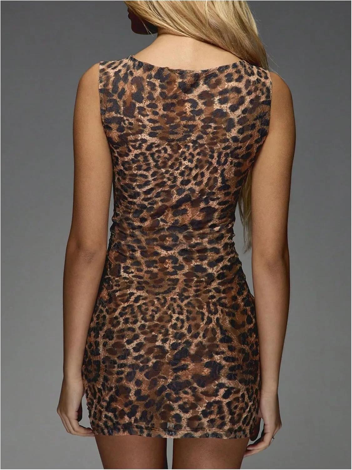 SOLY HUX Women's Leopard Print Bodycon Mini Dress Mesh Sleeveless Party Club Tank Dresses