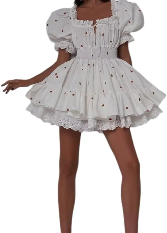 Square Neck Mini Dress for Women Short Puff Sleeve Lace Trim Ruffle Babydoll Dress Cute A Line Bubble Dresses