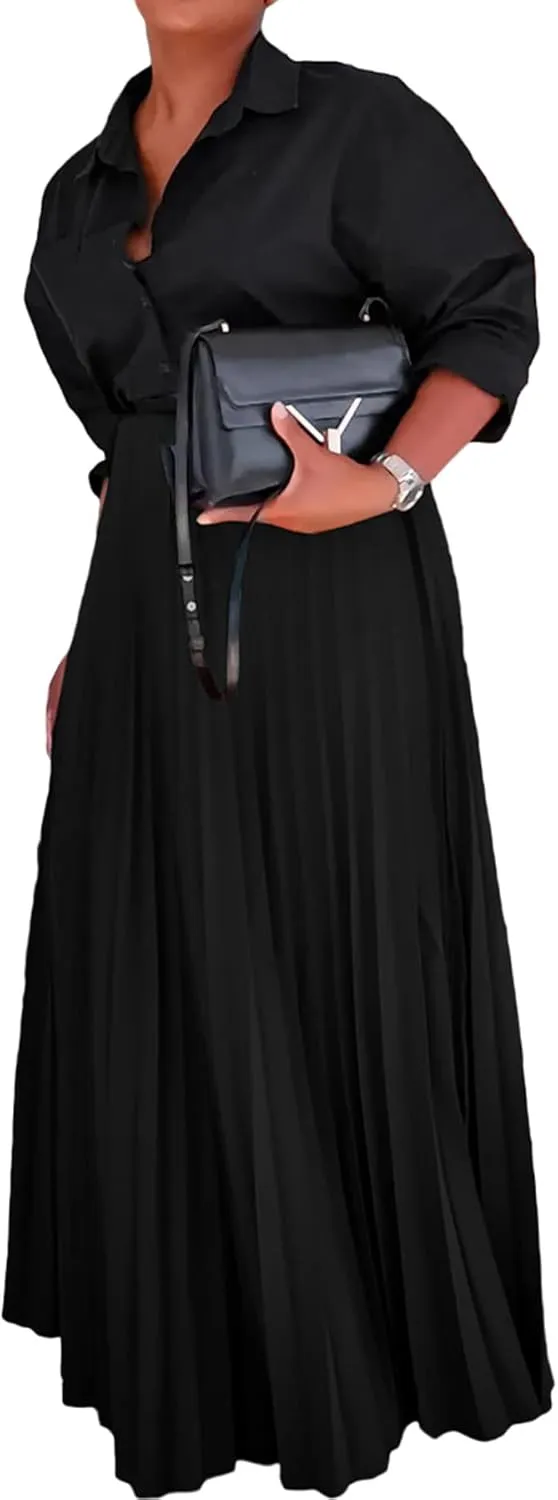 Tcremisa Women's Pleated Skirt High Waist Swing Skirts A Line Maxi Skirt Elastic Flare Skirts