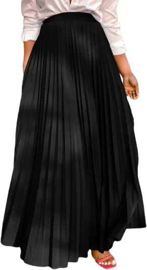 Tcremisa Women's Pleated Skirt High Waist Swing Skirts A Line Maxi Skirt Elastic Flare Skirts