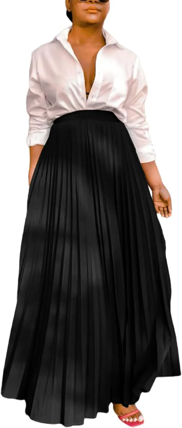 Tcremisa Women's Pleated Skirt High Waist Swing Skirts A Line Maxi Skirt Elastic Flare Skirts