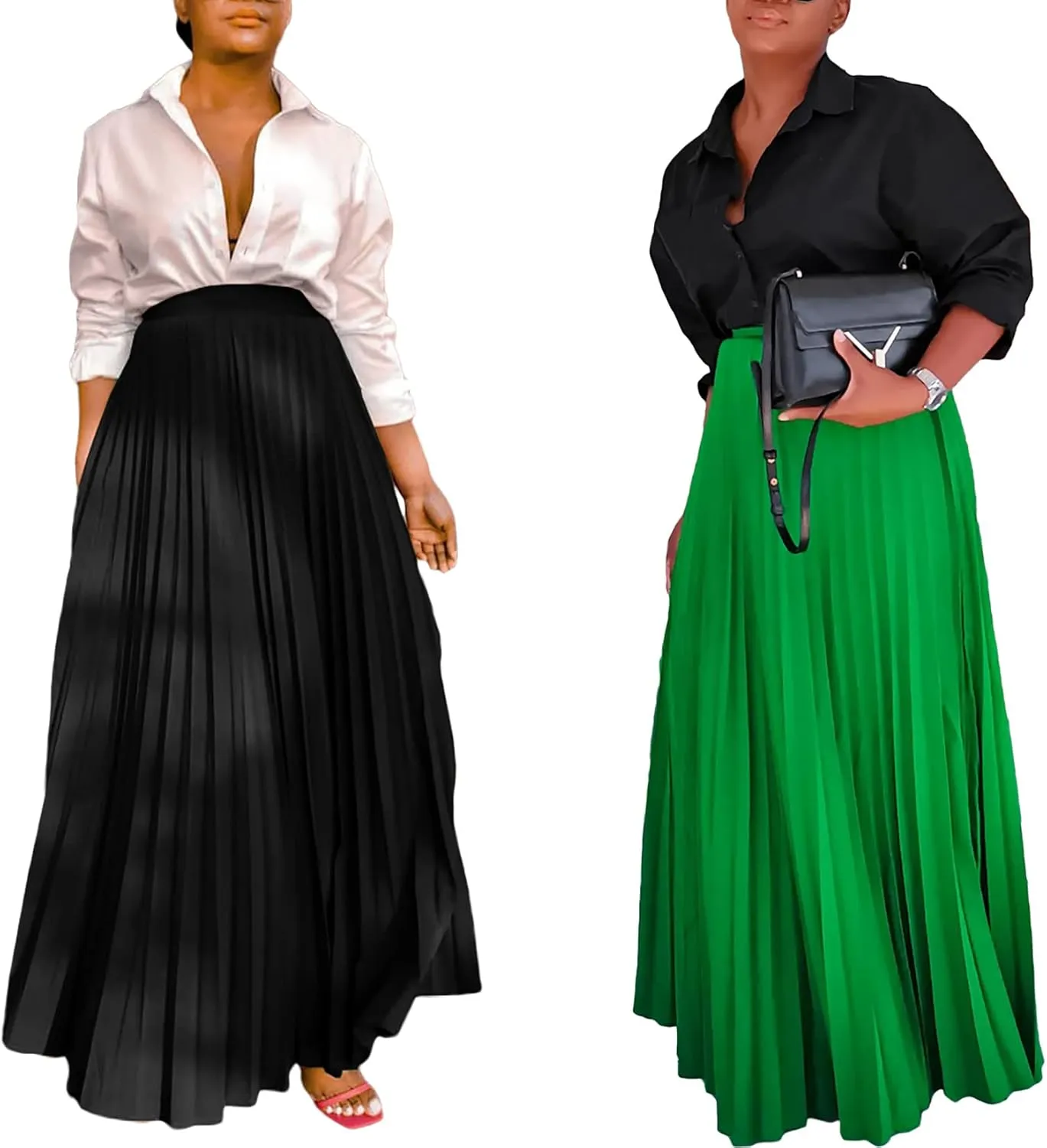 Tcremisa Women's Pleated Skirt High Waist Swing Skirts A Line Maxi Skirt Elastic Flare Skirts