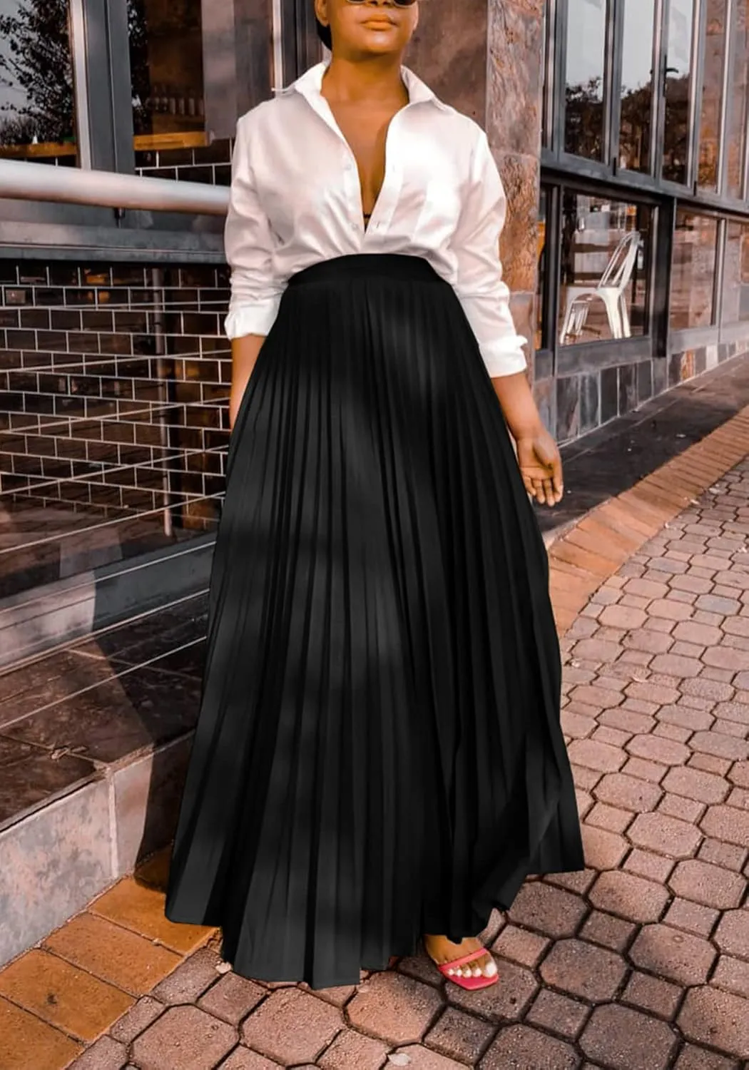 Tcremisa Women's Pleated Skirt High Waist Swing Skirts A Line Maxi Skirt Elastic Flare Skirts