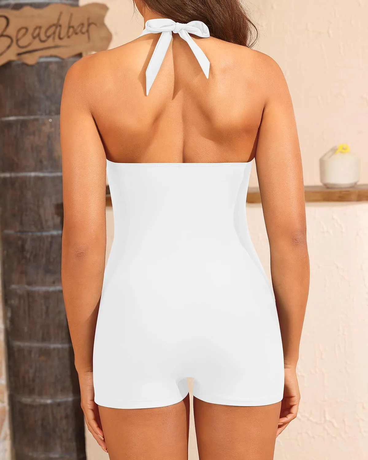 Tempt Me Women One Piece Swimsuits with Shorts Tummy Control Retro Bathing Suit Halter Boyleg Swimwear
