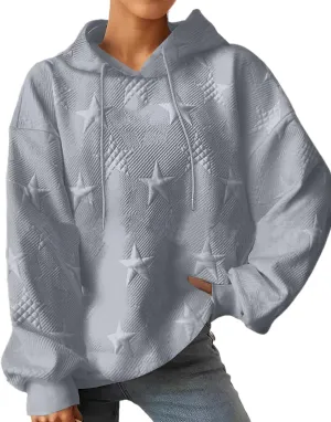 TIAFORD Women's Oversized Star Embossed Graphic Hoodies Fall Casual Long Sleeve Hoodie Cute Pullover Tops for Women