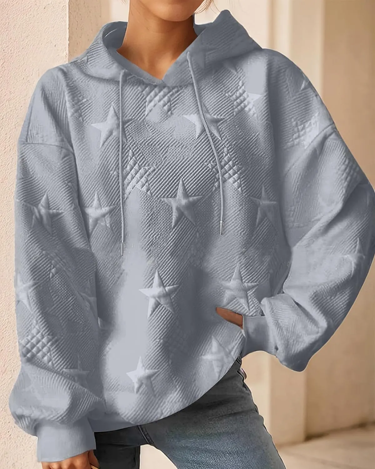 TIAFORD Women's Oversized Star Embossed Graphic Hoodies Fall Casual Long Sleeve Hoodie Cute Pullover Tops for Women