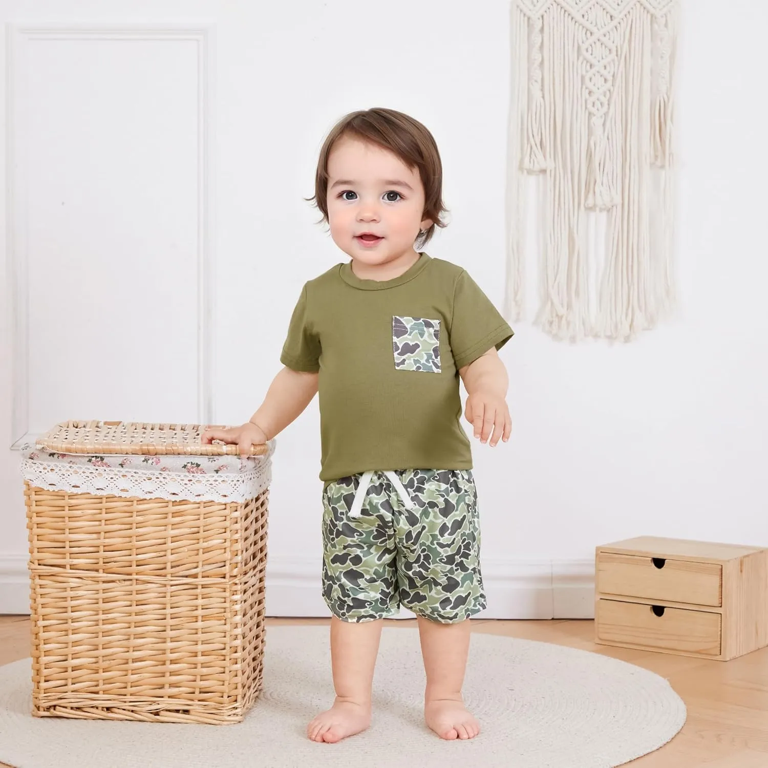 Toddler Baby Boy Summer Clothes Retro Embroidery Duck Hunting Shirts T-Shirt   Elastic Camouflage Shorts Set