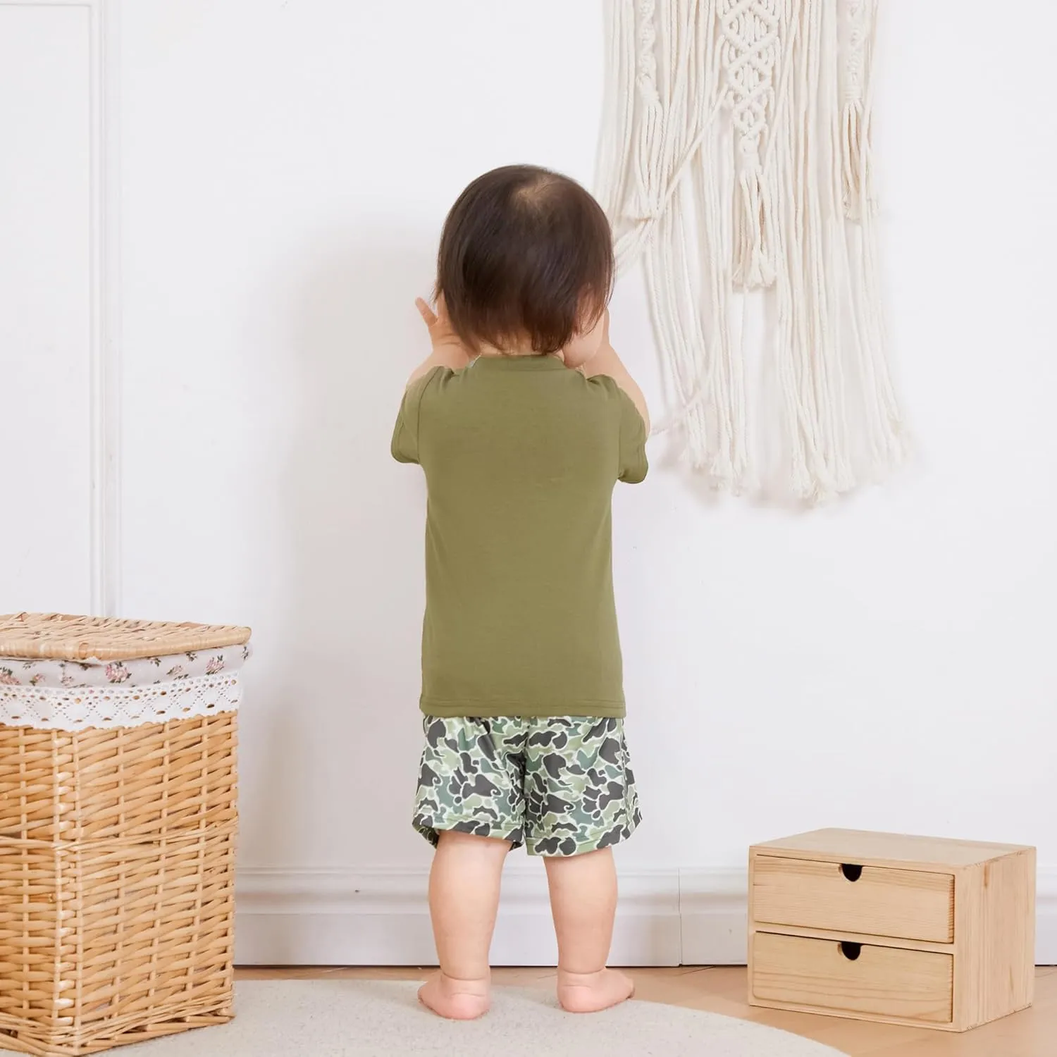 Toddler Baby Boy Summer Clothes Retro Embroidery Duck Hunting Shirts T-Shirt   Elastic Camouflage Shorts Set
