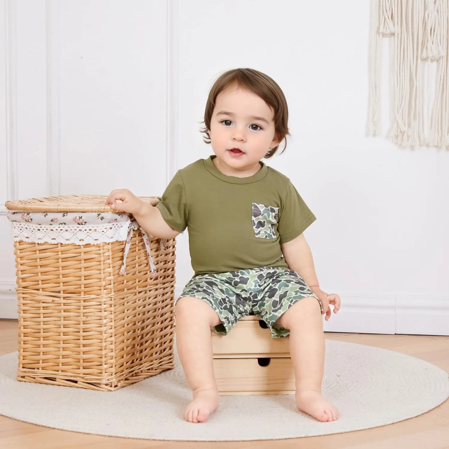 Toddler Baby Boy Summer Clothes Retro Embroidery Duck Hunting Shirts T-Shirt   Elastic Camouflage Shorts Set