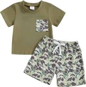 Toddler Baby Boy Summer Clothes Retro Embroidery Duck Hunting Shirts T-Shirt   Elastic Camouflage Shorts Set