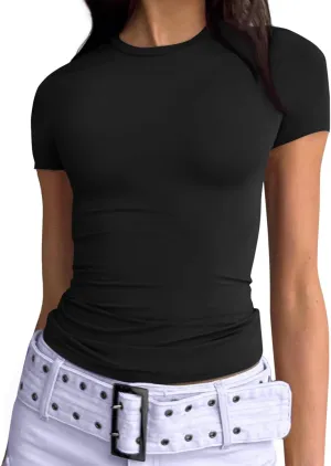Trendy Queen Womens Basic T Shirts Summer Tops 2025 Short Sleeve Crop Tops Slim Fit Gym Workout Y2k Clothes