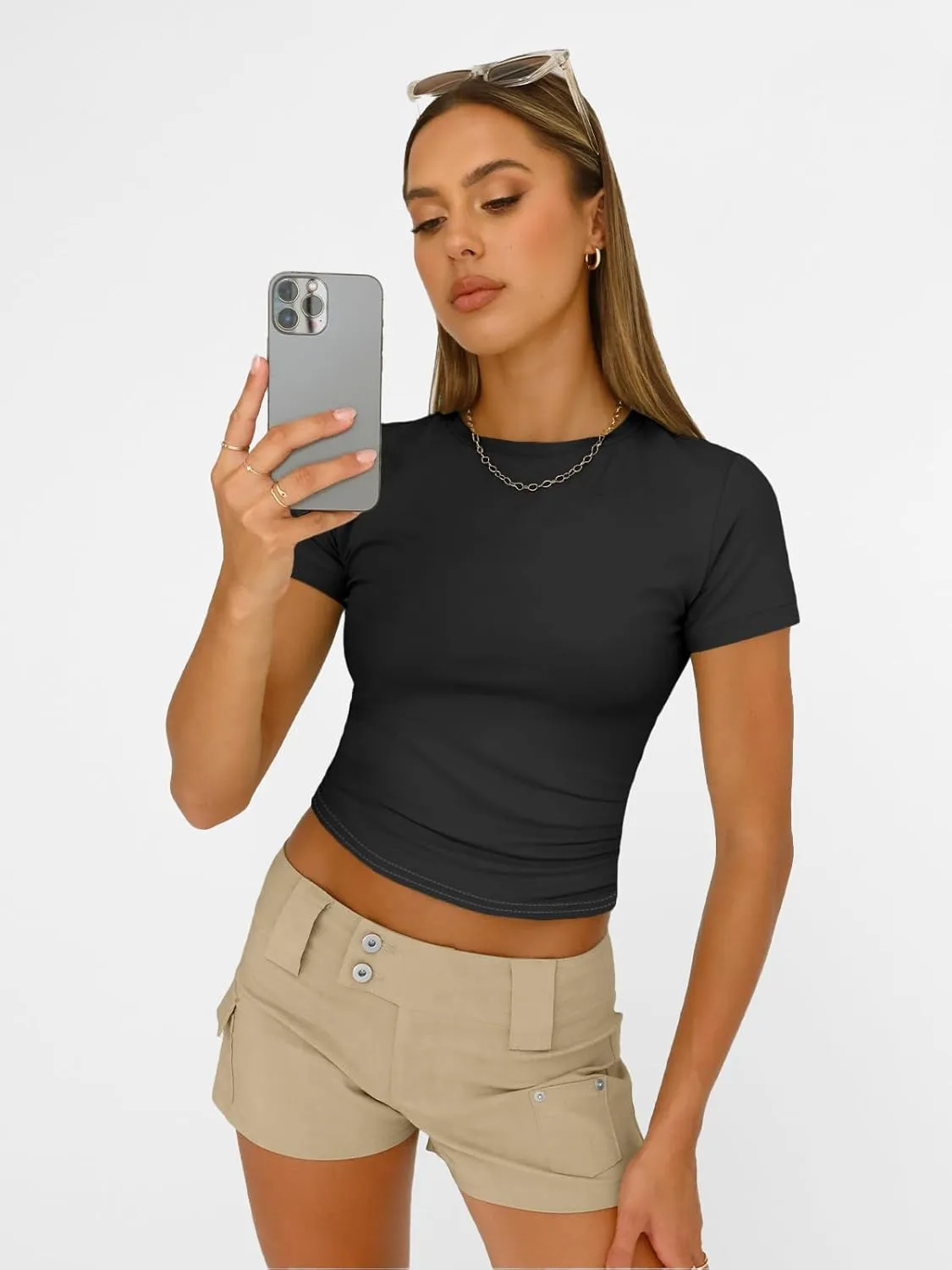 Trendy Queen Womens Basic T Shirts Summer Tops 2025 Short Sleeve Crop Tops Slim Fit Gym Workout Y2k Clothes