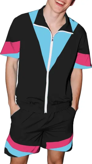 UOUA 80s Outfit for Men 90s Color Block Costumes 2 Piece Retro Short Sleeve Jacket & Shorts Set for Party