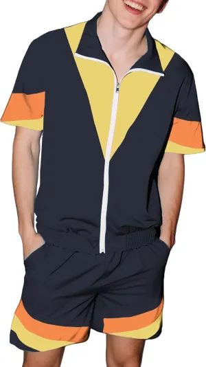 UOUA 80s Outfit for Men 90s Color Block Costumes 2 Piece Retro Short Sleeve Jacket & Shorts Set for Party
