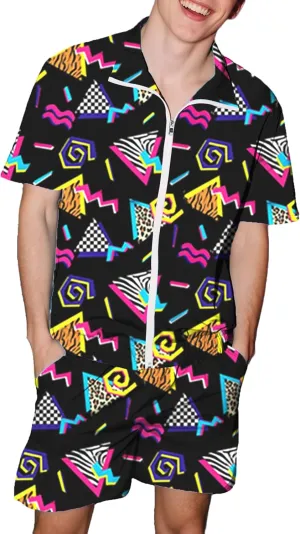 UOUA 80s Outfit for Men 90s Color Block Costumes 2 Piece Retro Short Sleeve Jacket & Shorts Set for Party