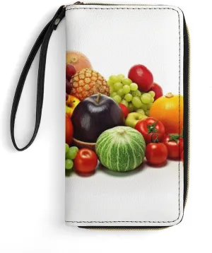 Variety Fresh Vegetables Fruits Wallet Leather Zipper Around Clutch Wallet Large Capacity Purse with Wristlet Strap