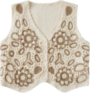 Verdusa Women's Plus Size Button Front V Neck Crochet Sweater Vest Sleeveless Knit Tops