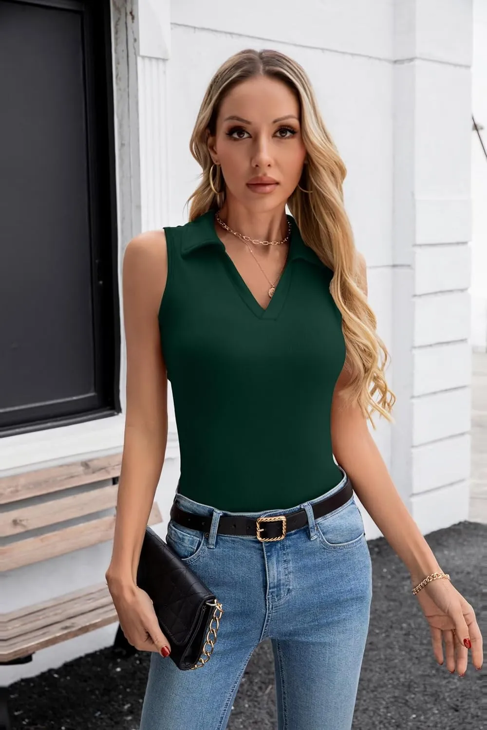 VICHYIE Womens Sleeveless Tank Tops Lapel Collared V Neck Slim Fitted Ribbed Knit Tight Polo Tops