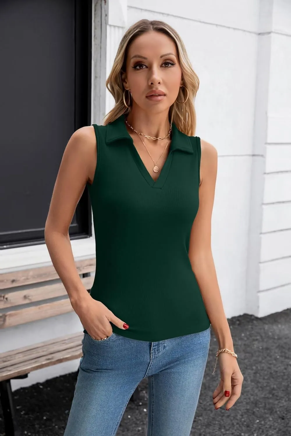 VICHYIE Womens Sleeveless Tank Tops Lapel Collared V Neck Slim Fitted Ribbed Knit Tight Polo Tops