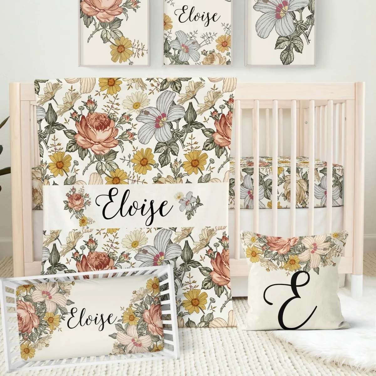Vintage Earthy Floral Nursery Starter Crib Bedding Set
