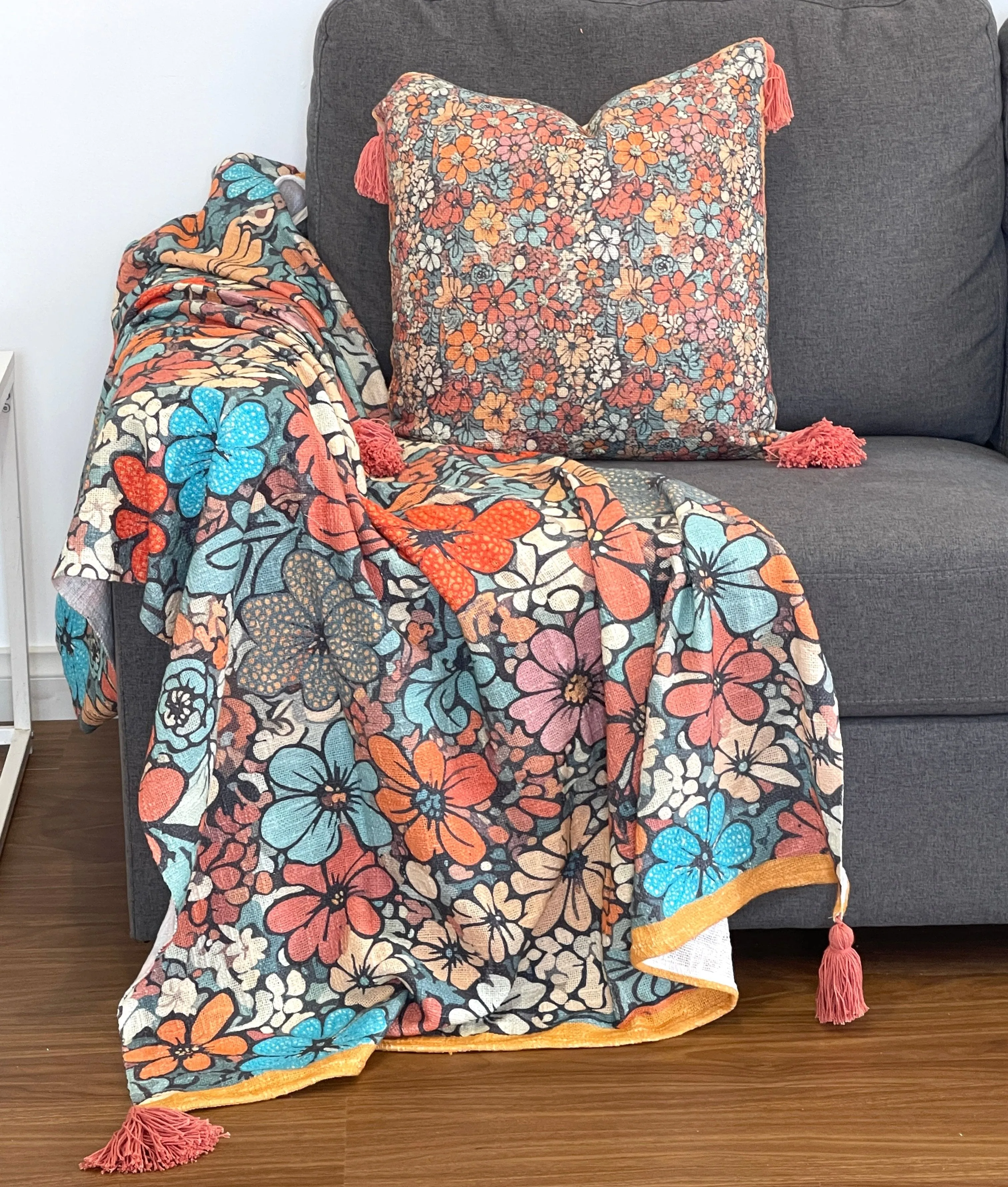 Vintage Floral Bohemian Printed Embroidered Cotton Bedding Throw