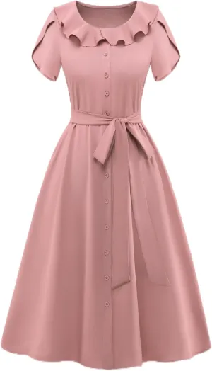 Wedtrend Vintage Dress for Women 1950s with Short Sleeve, Midi Cottagecore Dresses, Plus Size Church Dresses, Tea Party Dress WTP30023BlushXL