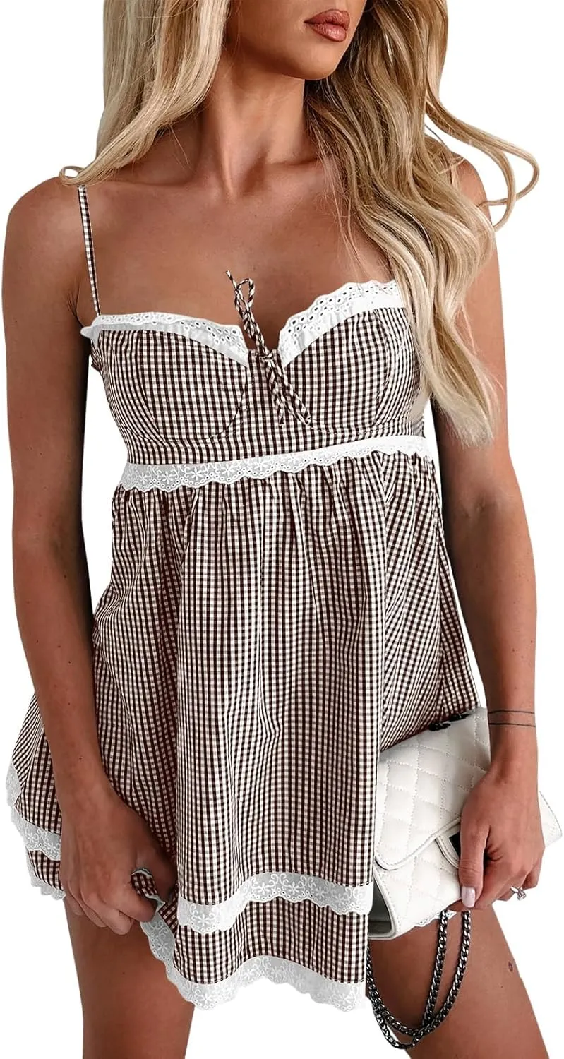 Wenrine Womens Summer Mini Dress Spaghetti Strap Sweetheart Y2K Plaid Lace Trim Tiered Beach Sundress Dresses