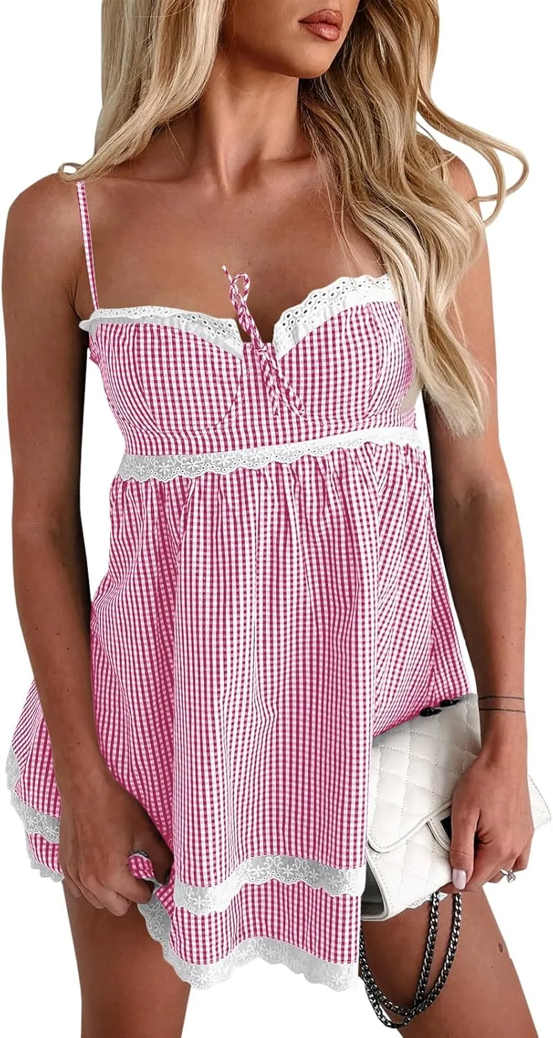Wenrine Womens Summer Mini Dress Spaghetti Strap Sweetheart Y2K Plaid Lace Trim Tiered Beach Sundress Dresses
