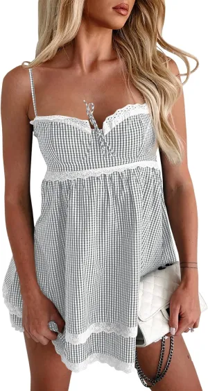 Wenrine Womens Summer Mini Dress Spaghetti Strap Sweetheart Y2K Plaid Lace Trim Tiered Beach Sundress Dresses