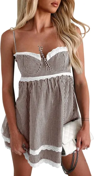Wenrine Womens Summer Mini Dress Spaghetti Strap Sweetheart Y2K Plaid Lace Trim Tiered Beach Sundress Dresses