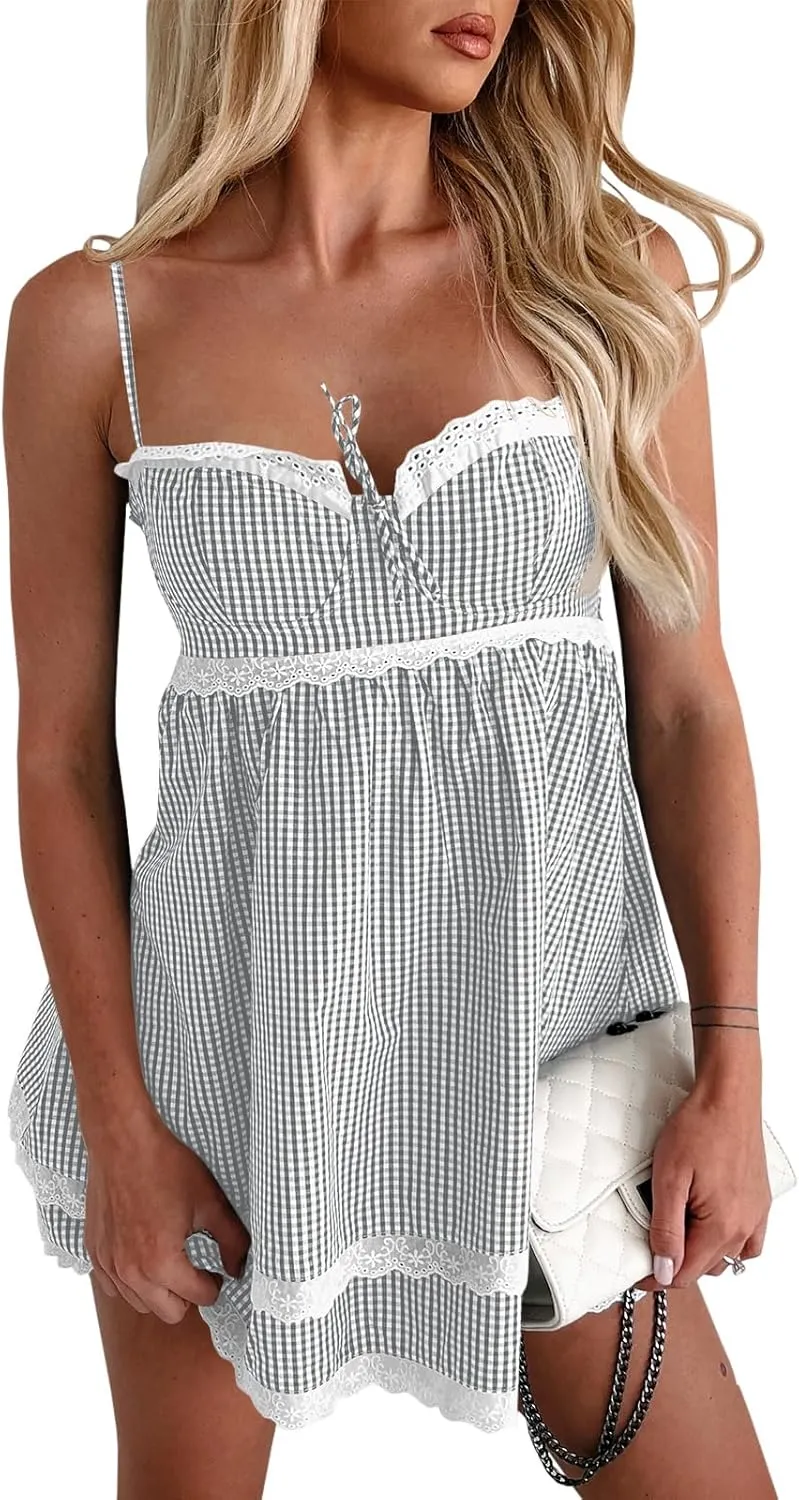 Wenrine Womens Summer Mini Dress Spaghetti Strap Sweetheart Y2K Plaid Lace Trim Tiered Beach Sundress Dresses
