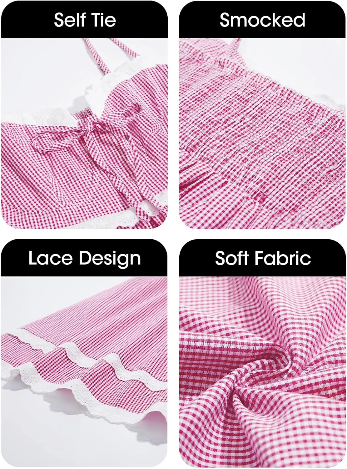 Wenrine Womens Summer Mini Dress Spaghetti Strap Sweetheart Y2K Plaid Lace Trim Tiered Beach Sundress Dresses