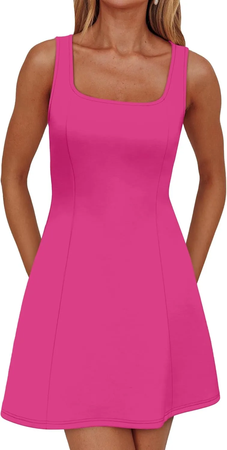 WIHOLL Women's Square Neck A-Line Sleeveless Mini Dress Summer Club Party Little Short Dresses