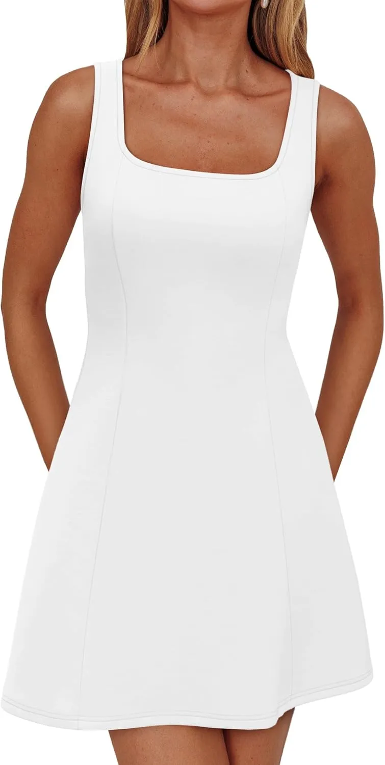 WIHOLL Women's Square Neck A-Line Sleeveless Mini Dress Summer Club Party Little Short Dresses